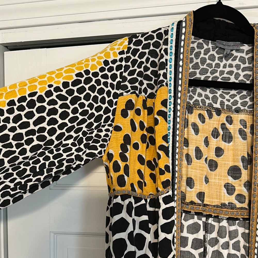 Anthropologie Black and Yellow Patterned kimono with leopard featured